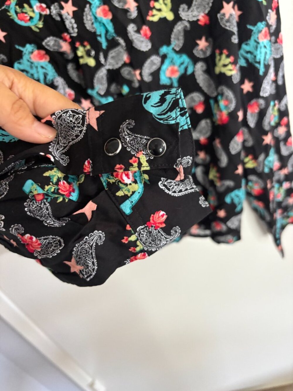 Roper Black Western Cactus Star Paisley Novelty Print Snap Button Collar Shirt - Picture 4 of 7